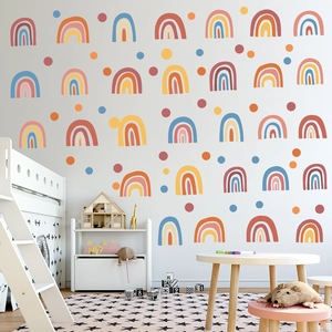 Nursery wall stickers featuring Nordic rainbow patterns and colorful dots in Morandi tones