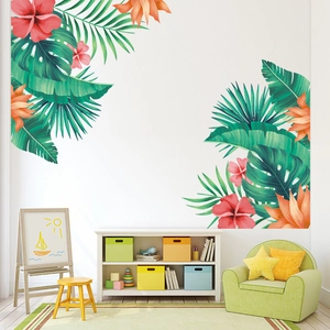 Tropical wall stickers featuring monstera leaves and hibiscus flowers for home decor