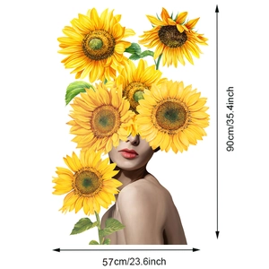 Detail view showing dimensions 90x57cm for sunflower artistic female face wall sticker