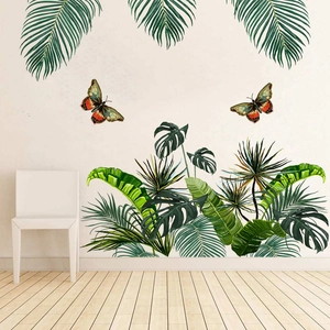 Tropical green leaf wall stickers with monstera leaves and butterflies for living room decor