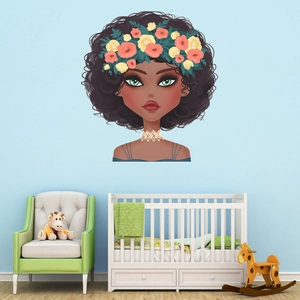 Girl wall decal with floral headpiece in nursery featuring crib and giraffe decor