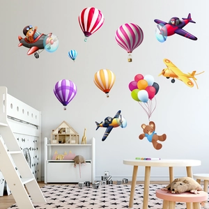 Adesivi murali per bambini con mongolfiere, aerei e orsetto per decorazione cameretta