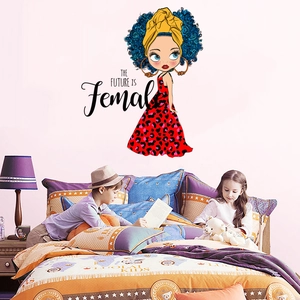Bedroom wall sticker featuring a cartoon girl in leopard dress with THE FUTURE IS Female text