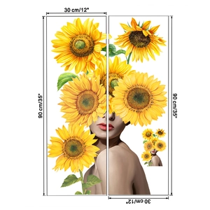 Detailed size specifications for artistic sunflower and female portrait wall stickers