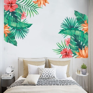 Modern bedroom decor with tropical palm leaves and hibiscus flower wall stickers