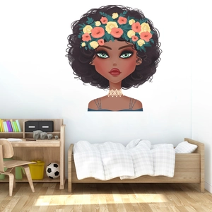 Detail of girl wall sticker with curly hair and flower crown in child bedroom