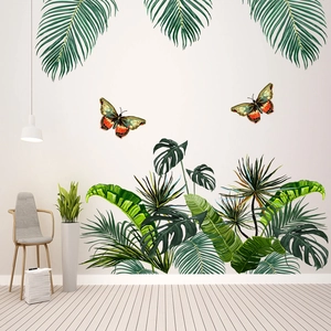 Tropical green plant wall decals with palm leaves and butterflies for living room decor