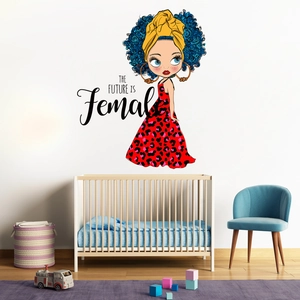 Cartoon girl wall sticker with The Future Is Female text for girl bedroom decor