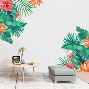 Tropical Green Leaves Hibiscus Flowers Wall Stickers PVC Waterproof Removable Wall Decals For Living Room Bedroom Home Decor