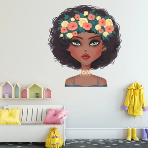 Self-adhesive wall decal featuring a girl with flower crown and black curly hair decor