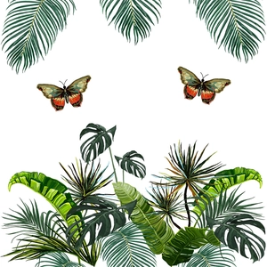 Nordic tropical rainforest wall decal featuring lush green monstera leaves and butterflies