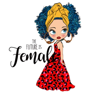 Fashionable cartoon female wall sticker featuring blue hair and the future is female text