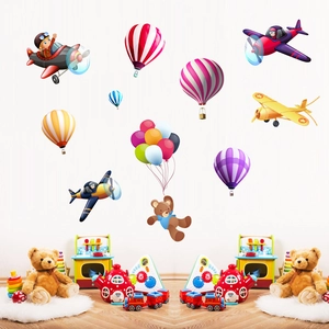 Adesivi Murali Cartone Animato Mongolfiera Aereo Orso Per Camera Dei Bambini Autoadesivi Impermeabili In PVC Decorazioni Parete