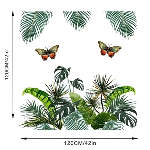 Detail showing tropical PVC wall stickers with green leaves and butterflies 120cm size