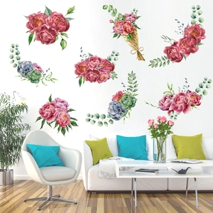 Watercolor peony flower and green plant wall decals for modern living room decor