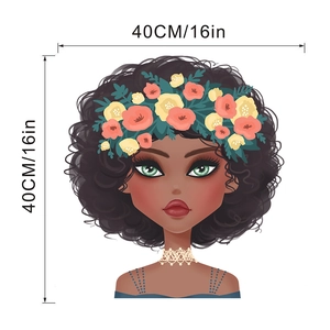 Detail view of female wall sticker with floral crown and 40cm size specifications