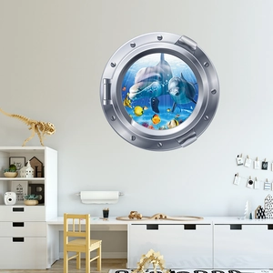 Sticker mural 3D hublot avec dauphins et poissons tropicaux pour chambre d'enfant