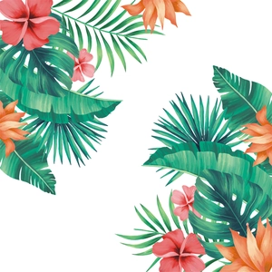 Tropical wall decal featuring green monstera leaves and hibiscus flowers for home decor