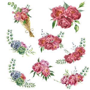 Self-adhesive watercolor peony and green plant wall stickers for home decoration