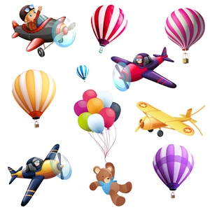 Adesivi murali cartone animato aereo mongolfiera e orsetto per cameretta bambini