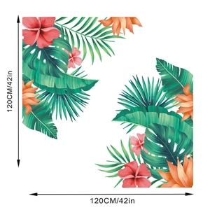 Detail of tropical wall sticker showing hibiscus flowers and monstera leaves, 120cm size