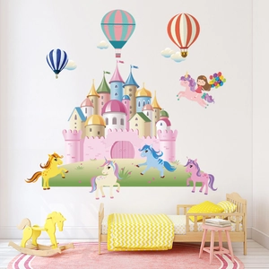 Cartoon Unicorn Castle Hot Air Balloon Wall Stickers For Kids Room Bedroom Nursery PVC Waterproof Dreamy Decorative Wall Decal KSY139