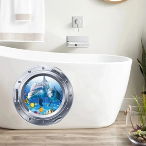 Sticker mural 3D dauphins sous-marins avec hublot pour décoration de salle de bain