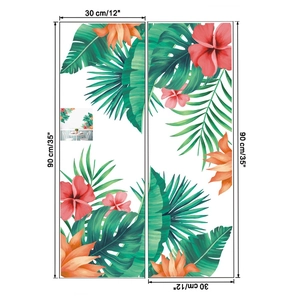 Detail of tropical plant wall stickers with red hibiscus and green palm leaves
