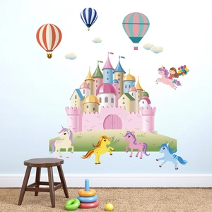 Unicorn and castle wall stickers for kids bedroom with hot air balloons and clouds