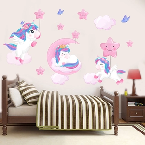 Cartoon Unicorn Moon Stars Butterfly Wall Stickers Waterproof PVC Removable Decals For Kids Nursery Bedroom Home Decoration