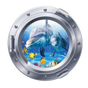 Sticker mural 3D hublot avec dauphins et poissons tropicaux sous l'océan bleu