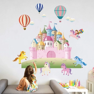 Cartoon unicorn castle wall stickers for kids room with colorful hot air balloons