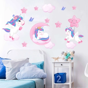 Unicorn and stars wall decals set for kids bedroom with moon and butterfly motifs