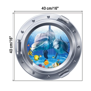 Détail d'un sticker mural hublot 3D 40cm avec dauphins et poissons tropicaux