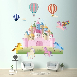 Whimsical unicorn and castle wall decals set with hot air balloons for kids room