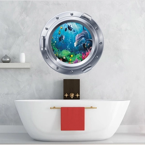 Sticker mural 3D hublot sous-marin avec dauphins et récif corallien pour salle de bain