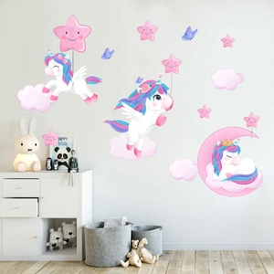 Unicorn wall stickers with moon and stars for kids bedroom decoration set