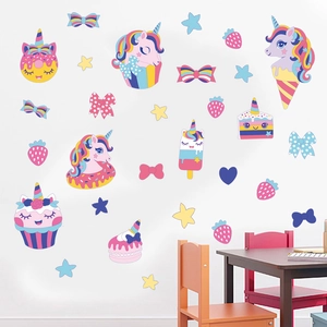 Unicorn and sweets wall decal set with ice cream and donuts for kids room decor