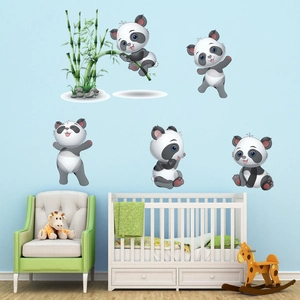 Cartoon panda wall stickers with green bamboo set for a cozy children's bedroom decor