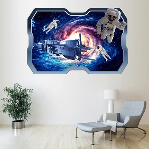3D space wall sticker featuring an astronaut and galaxy through a sci-fi window frame