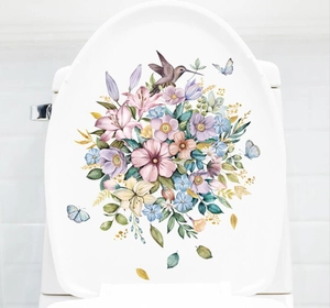 Blumen-Wandsticker mit Kolibri und Schmetterlingen auf weißem Kachelhintergrund Dekor