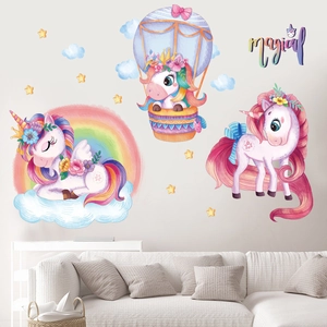 Adesivi da Parete Unicorno Arcobaleno Cartone Animato Impermeabile Mongolfiera Magica Stelle per Cameretta Bambini Camera da Letto