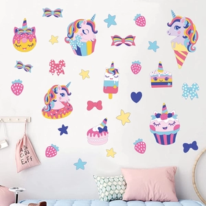 Cartoon Unicorn Cupcake Ice Cream Wall Stickers For Kids Room DIY PVC Waterproof Sweet Dessert Decals Nursery Decor