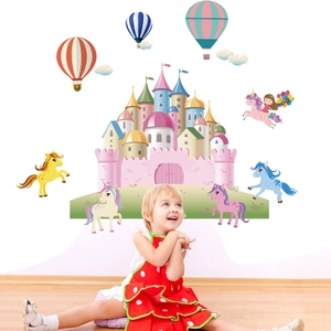 Detail of magical unicorn castle wall decals with colorful hot air balloons in child bedroom