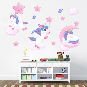 Detail of unicorn wall stickers with pink stars and blue butterflies in a nursery room