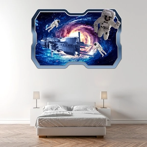 Detailed 3D space window wall sticker showing astronauts and spaceship on a bedroom wall