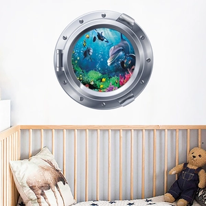 Détail du sticker mural hublot 3D avec monde sous-marin et dauphin pour chambre d'enfant