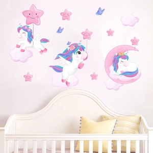 Unicorn and stars wall decals set for kids bedroom decor with pink and blue pastel colors
