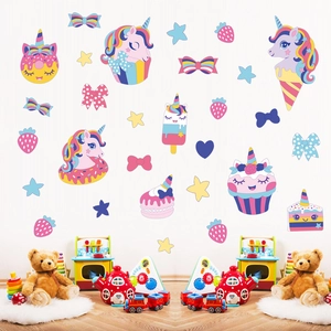 Unicorn wall decals set with rainbows and cupcakes for kids room wall decor