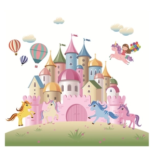 Cartoon unicorn castle wall stickers in pastel colors for children bedroom decor